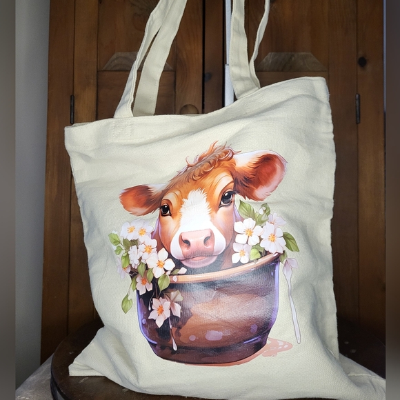 Handbags - Canvas Tote Bag with Cow and Floral Design